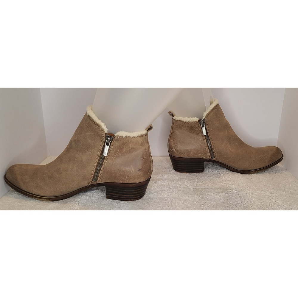 Lucky Brand Ankle Boots Women's 9.5 Brown Leather Shearling Trim Zip-Up Shoes - Picture 6 of 9